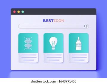 Set Light bulb with concept of idea, DNA symbol and Glass bottle with a pipette icon. Vector