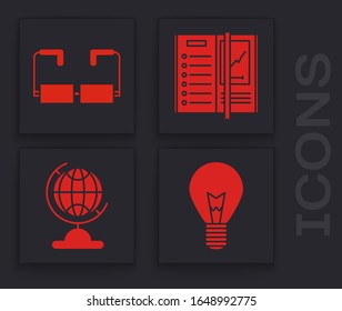 Set Light bulb with concept of idea, Glasses, Notebook and Earth globe icon. Vector