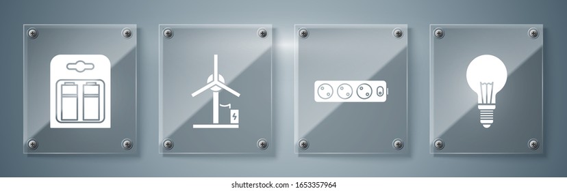 Ponga bombilla con el concepto de idea, cable de extensión eléctrica, turbina eólica y batería en envase. Paneles de vidrio cuadrado. Vector
