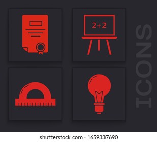 Set Light bulb with concept of idea, Certificate template, Chalkboard and Protractor grid for measuring degrees icon. Vector
