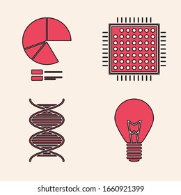 Poner bombilla con el concepto de idea, infografía de gráfico circular, icono de símbolo de procesador y ADN. Vector