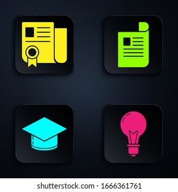 Poner bombilla con concepto de idea, plantilla de certificado, tapa de graduación y documento. Botón cuadrado negro. Vector