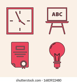 Set Light bulb with concept of idea, Clock, Chalkboard and Certificate template icon. Vector