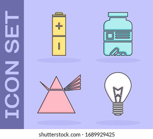Set Light bulb with concept of idea, Battery, Light rays in prism and Medicine bottle and pills icon. Vector