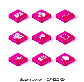 Set Light bulb with concept of idea, Mobile phone, Online book monitor, Web camera, Network cloud connection, Laptop, Magnifying glass and Cloud online library icon. Vector