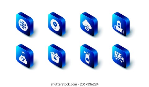 Set Light bulb with concept of idea, Acid rain and radioactive cloud, Nuclear reactor worker, Truck radiation materials, Fire extinguisher, Infectious waste, Test tube and Atom icon. Vector