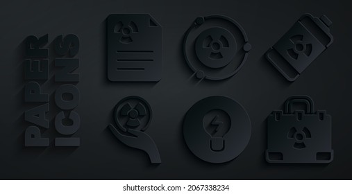 Set Light bulb with concept of idea, Nuclear energy battery, Radioactive, Radiation nuclear suitcase,  and warning document icon. Vector