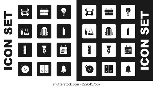 Set Light bulb with concept of idea, School backpack, Test tube and flask, Bus, Marker pen, Calendar and Ruler icon. Vector