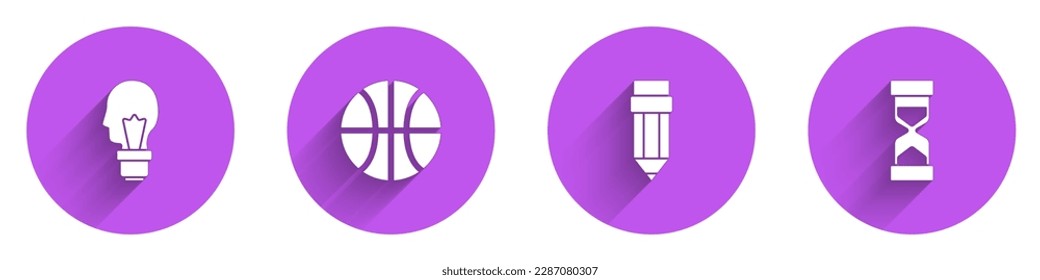 Set Light bulb with concept of idea, Basketball ball, Pencil eraser and Old hourglass sand icon with long shadow. Vector