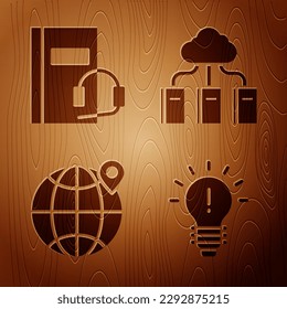 Set Light bulb with concept of idea, Audio book, Location on the globe and Cloud or online library on wooden background. Vector