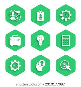 Set Light bulb with concept of idea, Human head question mark, Cursor and coin, Calculator, Seo tag gear wheel, Briefcase, Time Management and Job promotion exchange money icon. Vector