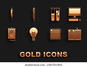 Set Light bulb with concept of idea, Open science book, Processor, Clipboard document, Test tube flask chemical laboratory, Syringe and Meteorology thermometer measuring icon. Vector