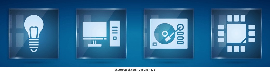 Set Light bulb with concept of idea, Computer monitor, Vinyl player and Processor with microcircuits CPU. Square glass panels. Vector