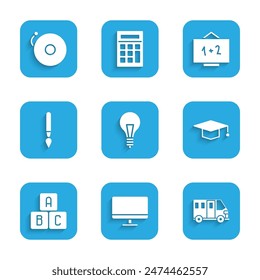 Set Light bulb with concept of idea, Computer monitor screen, School Bus, Graduation cap, ABC blocks, Paint brush, Chalkboard and Ringing alarm bell icon. Vector