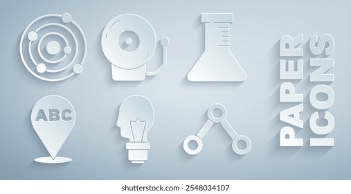 Set Light bulb with concept of idea, Test tube and flask, Alphabet, Molecule, Ringing alarm bell and Solar system icon. Vector