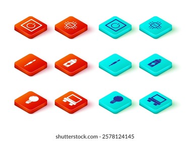 Set Light bulb with concept of idea, Fuse, Audio jack, Battery, Processor microcircuits CPU and Electric light switch icon. Vector