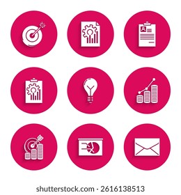 Set Light bulb with concept of idea, Board graph chart, Envelope, Pie infographic and coin, Target symbol, Clipboard, resume and  icon. Vector