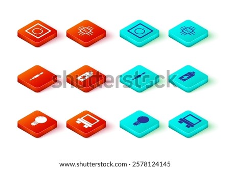 Set Light bulb with concept of idea, Fuse, Audio jack, Battery, Processor microcircuits CPU and Electric light switch icon. Vector