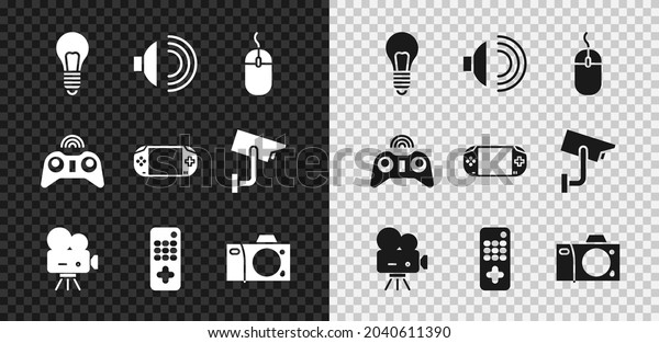 Set Light bulb with\
concept of idea, Speaker volume, Computer mouse, Retro cinema\
camera, Remote control, Photo, Wireless gamepad and Portable video\
console icon. Vector