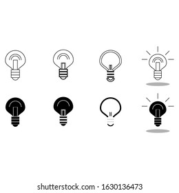 Set of light bulb designs. Simplistic black and white vector illustration. Flat minimalistic icon representing, energy, power and ideas.