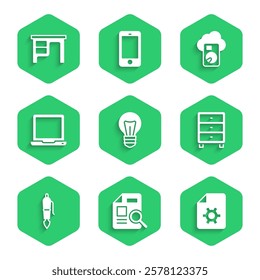 Set Light bulb, Document with graph chart, settings, Archive papers drawer, Fountain pen nib, Laptop, Cloud database and Office desk icon. Vector