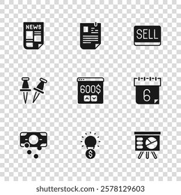 Set Light bulb with dollar, Calendar, Board graph, Monitor, Sell button, News, Resume and Push pin icon. Vector