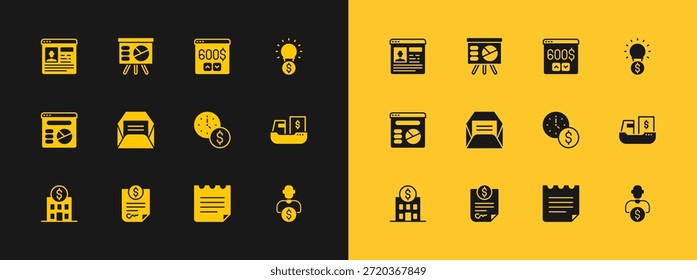 Bombilla con el dólar, dinero del contrato, el tiempo es, cuaderno, sobre, monitor, currículum e ícono del gráfico del Tablero. Vector