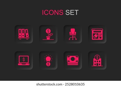 Conjunto Bombilla con dólar, planta de dólar, carpetas de oficina, dinero en efectivo de papel de las pilas, pantalla de compras en línea, edificio del banco, silla e icono del ordenador portátil. Vector