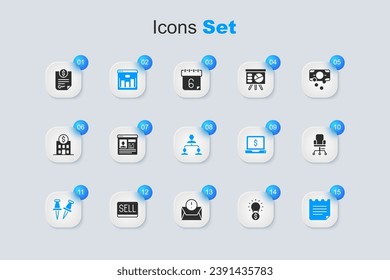 Set Light bulb with dollar, Resume, Browser stocks market, Push pin, Notebook, Office chair, Contract money and Employee hierarchy icon. Vector