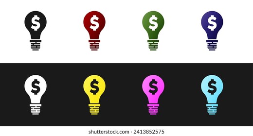 Set Light bulb with dollar symbol icon isolated on black and white background. Money making ideas. Fintech innovation concept.  Vector