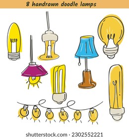 conjunto de bombillas. Lámparas de estilo boceto dibujadas a mano estilo retro. Lámparas Concepto de idea de negocio, lámpara eléctrica Bombilla de luz con vector de curva de línea.