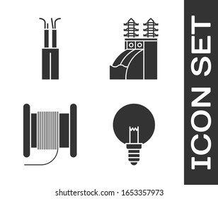 Set Light bulb, Electric cable, Wire electric cable on a reel or drum and Nuclear power plant icon. Vector