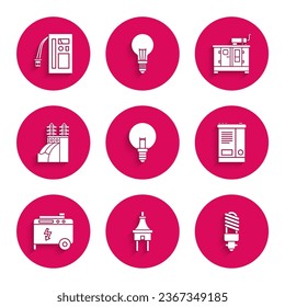 Set Light bulb, Electric plug, LED light, Car battery, Portable power electric generator, Nuclear plant, Diesel and Battery icon. Vector