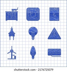 Set Light bulb, Electrical outlet, Exclamation mark in triangle, Wind turbine, plug, Power bank and Diesel power generator icon. Vector