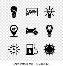 Set Light bulb, Financial document, with gear, Solar energy panel, Bio fuel fueling nozzle, Sun, Location shopping basket and Hydrogen car icon. Vector