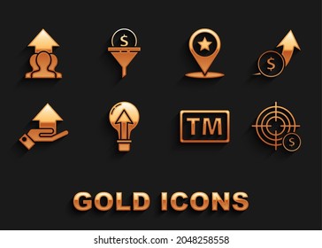 Set Light bulb, Financial growth and coin, Target with dollar symbol, Trademark, Money on hand, Map pointer star, Growth chart progress people crowd and Lead management icon. Vector
