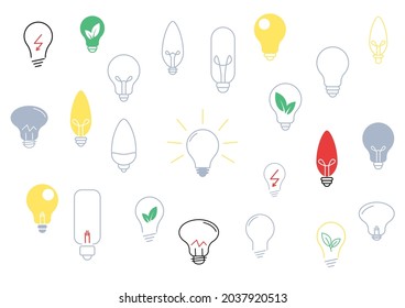 Juego de iconos planos de la bombilla de luz. Colección de lámparas eléctricas. Elementos vectores para sitios web y aplicaciones móviles. Firma creativa de ideas, solución, innovación, ecoenergía.