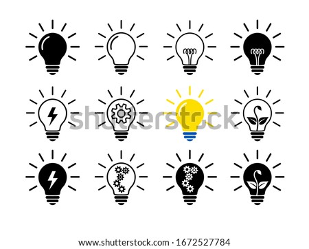 Set Of Light Bulb Flat Icons, Linear And Black. Collection Of Lighting Electric Lamps. Simple Pictograms, 12 Items. Vector Graphic Design Elements. Creative Idea Sign, Solution, Innovation Concept.