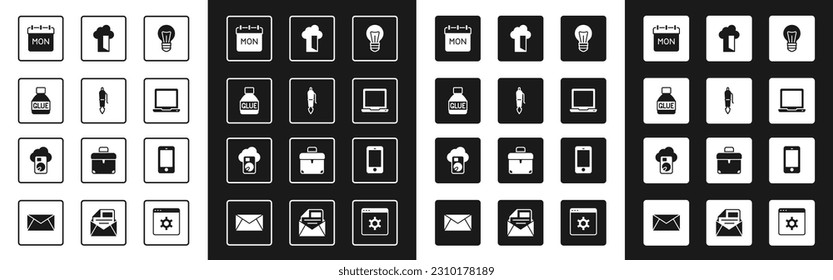 Set Light bulb, Fountain pen nib, Glue, Calendar, Laptop, Cloud database, Mobile phone and  icon. Vector