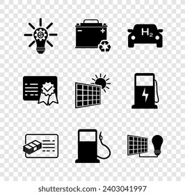 Set Light bulb with gear, Car battery recycle, Hydrogen car, Financial document, Petrol or Gas station, Solar energy panel and light, Certificate template and sun icon. Vector