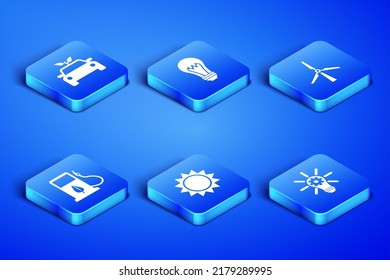 Set Light bulb with gear, Eco car concept drive, Sun, Bio fuel fueling nozzle,  and Wind turbine icon. Vector