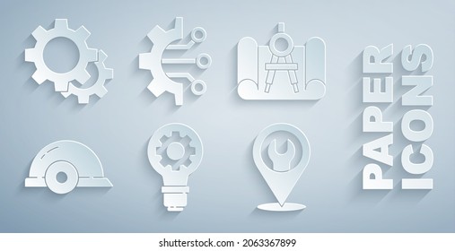 Set Light bulb and gear, Graphing paper compass, Worker safety helmet, Location with wrench spanner, Algorithm and Gear icon. Vector