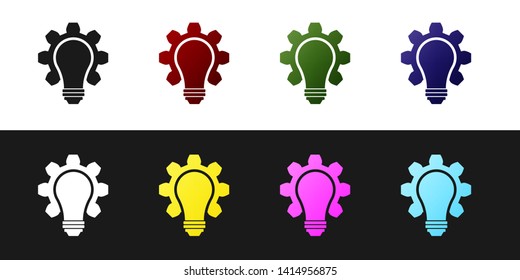 Set Light bulb and gear icon isolated on black and white background. Innovation concept. Business idea. Vector Illustration
