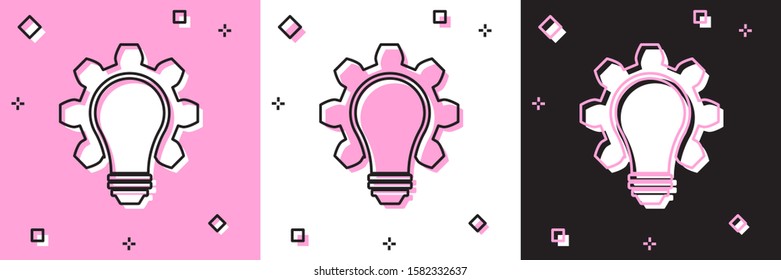 Set Light bulb and gear icon isolated on pink and white, black background. Innovation concept. Business idea.  Vector Illustration