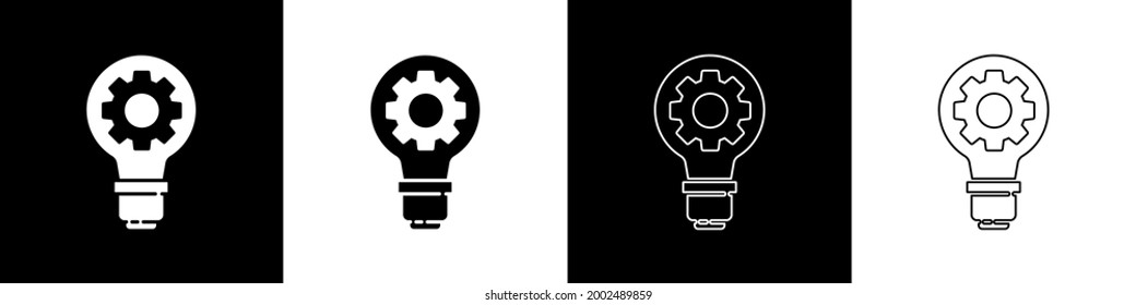 Set Light bulb and gear icon isolated on black and white background. Innovation concept. Business idea.  Vector Illustration