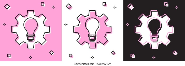 Set Light bulb and gear icon isolated on pink and white, black background. Innovation concept. Business idea.  Vector