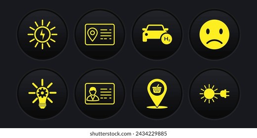 Set Light bulb with gear, Sad smile, Identification badge, Location shopping basket, Hydrogen car, Address book, Sun electric plug and Solar energy panel icon. Vector