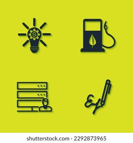 Set Light bulb with gear, Signature, Customer care server and Bio fuel fueling nozzle icon. Vector