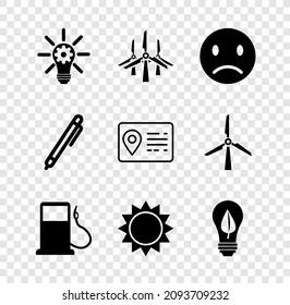 Ponga la bombilla de luz con engranajes, turbinas eólicas, sonrisa triste, gasolinera o gasolinera, Sun, hoja, lápiz y icono de la libreta de direcciones. Vector