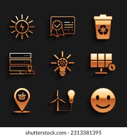 Set Light bulb with gear, wind turbine, Smile face, Solar energy panel, Location shopping basket, Customer care server, Recycle recycle and  icon. Vector